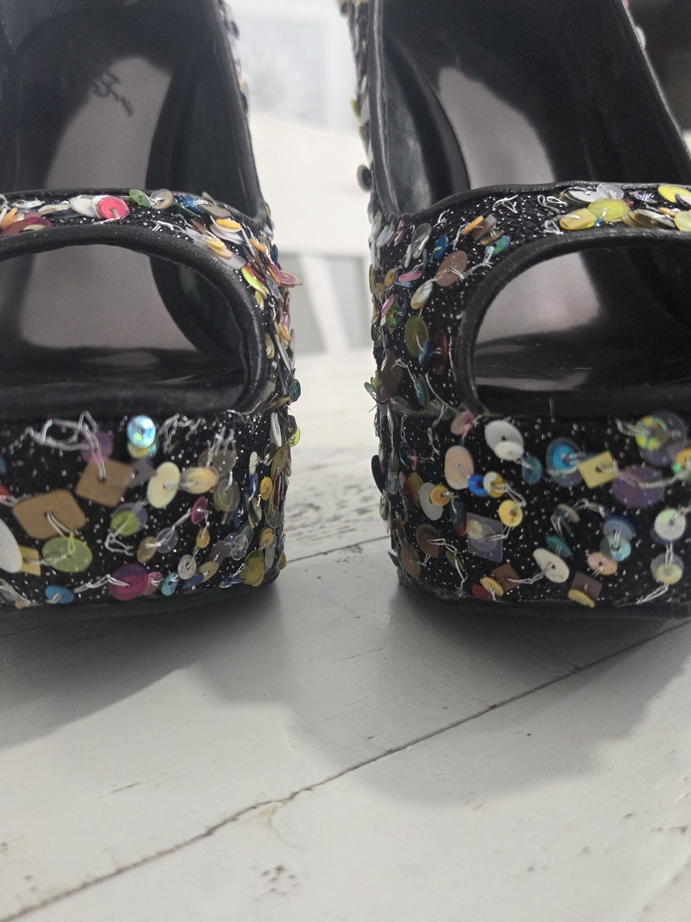 Carlos Santana black multi-colored sequin peep-toe platform heels - Picture 7 of 13